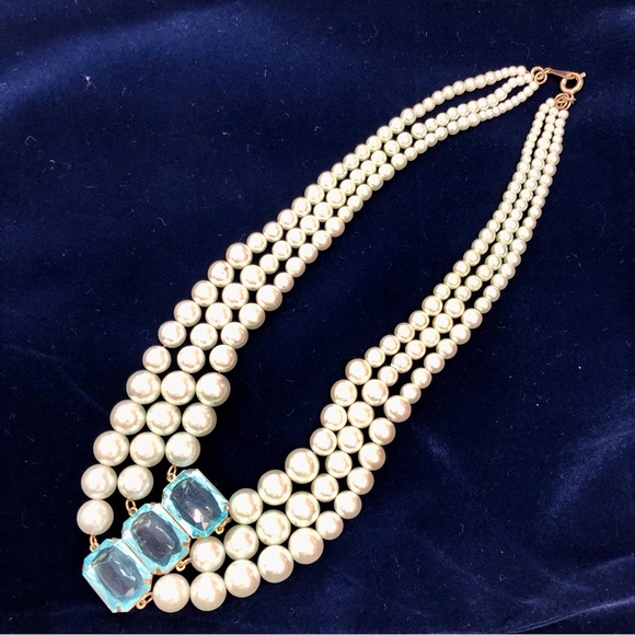 Vintage Faux Pearl Blue Glass 3 Strand Necklace - Picture 2 of 16